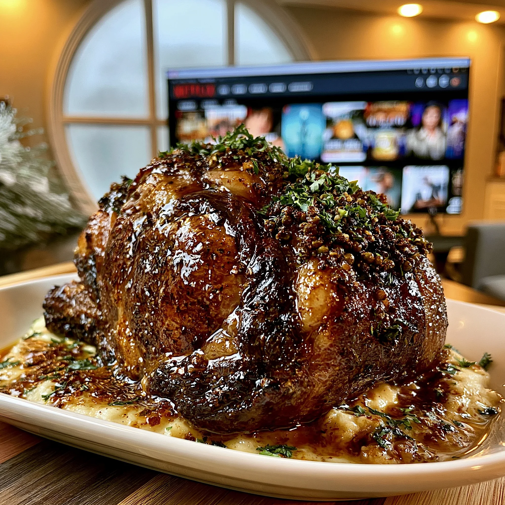 Fire-Roasted Garlic and Cracked Green Peppercorn-Crusted Prime Rib with Herb-Infused Confit Butter