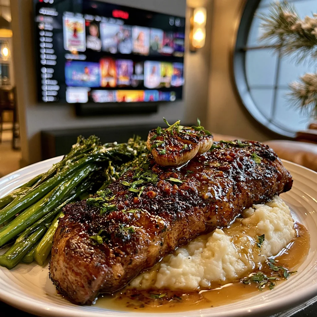 Fire-Roasted Garlic and Smoked Oregano-Crusted New York Strip with Black Garlic Compound Butter