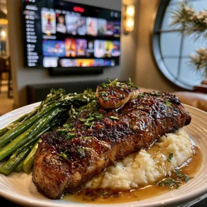 Fire-Roasted Garlic and Smoked Oregano-Crusted New York Strip with Black Garlic Compound Butter