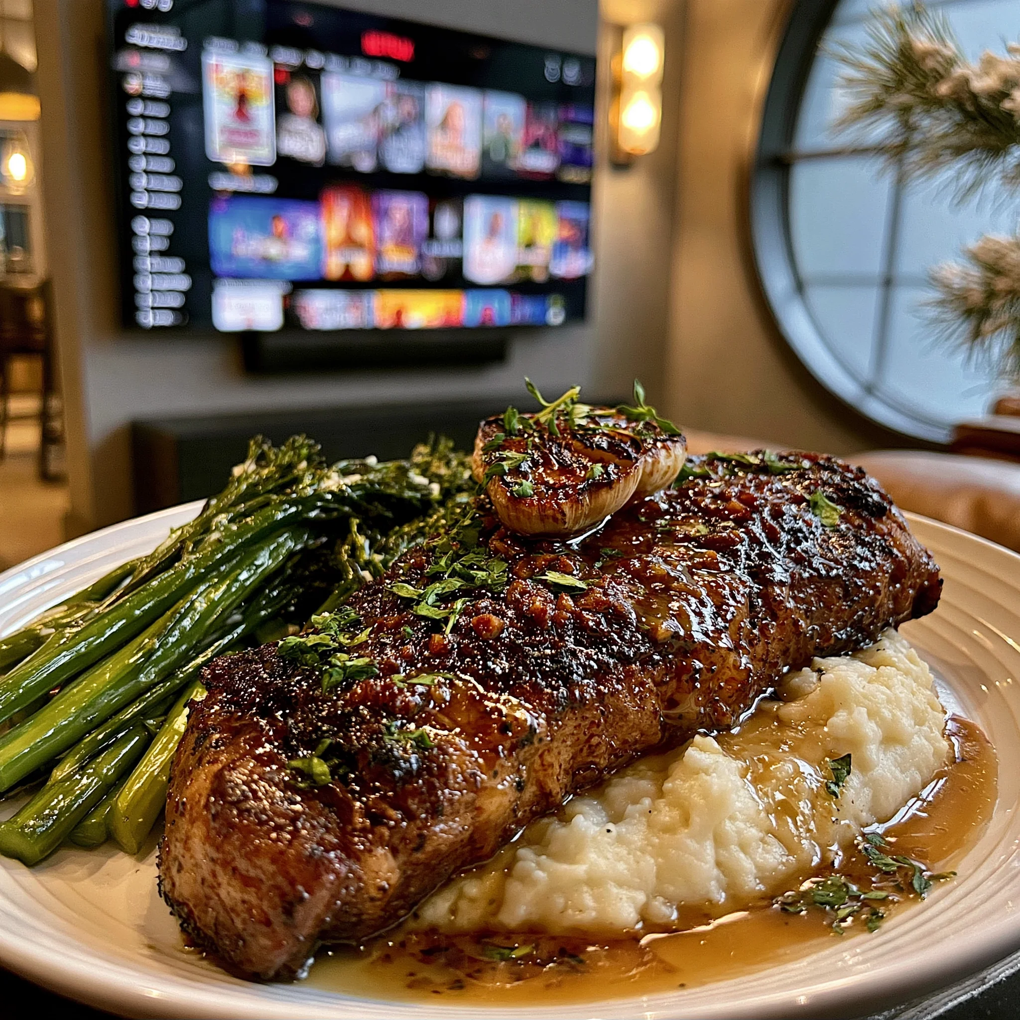Fire-Roasted Garlic and Smoked Oregano-Crusted New York Strip with Black Garlic Compound Butter