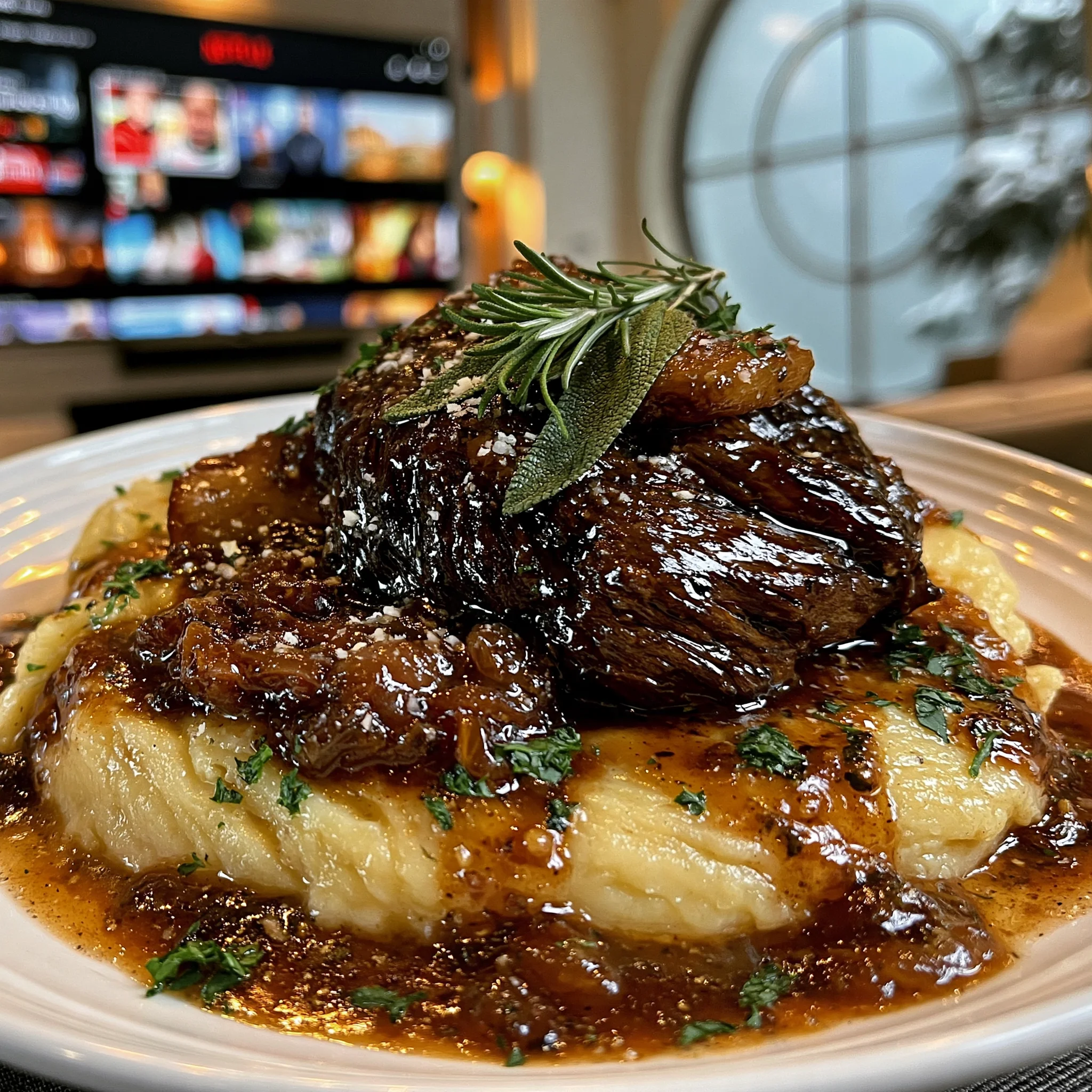 Pomegranate-Balsamic Glazed Garlic and Fresh Wild Sage-Braised Beef Shank with Herb Pan Gravy