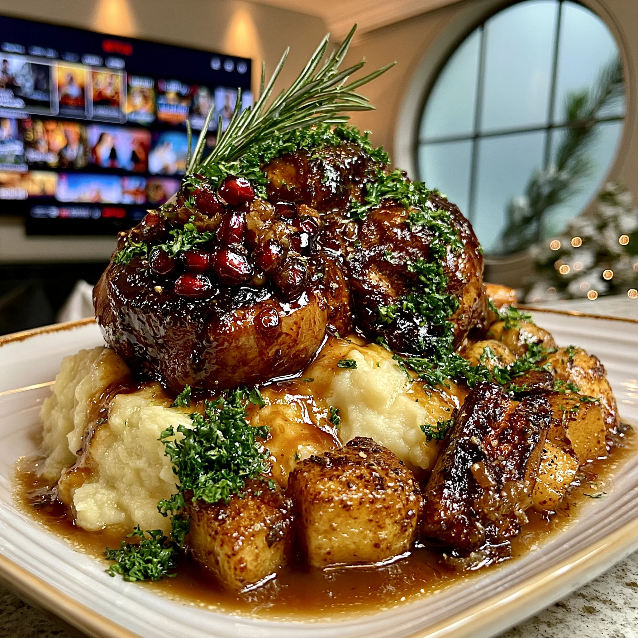 Pomegranate-Balsamic Glazed Garlic and Rosemary Braised Lamb Leg with Root Vegetable Gravy
