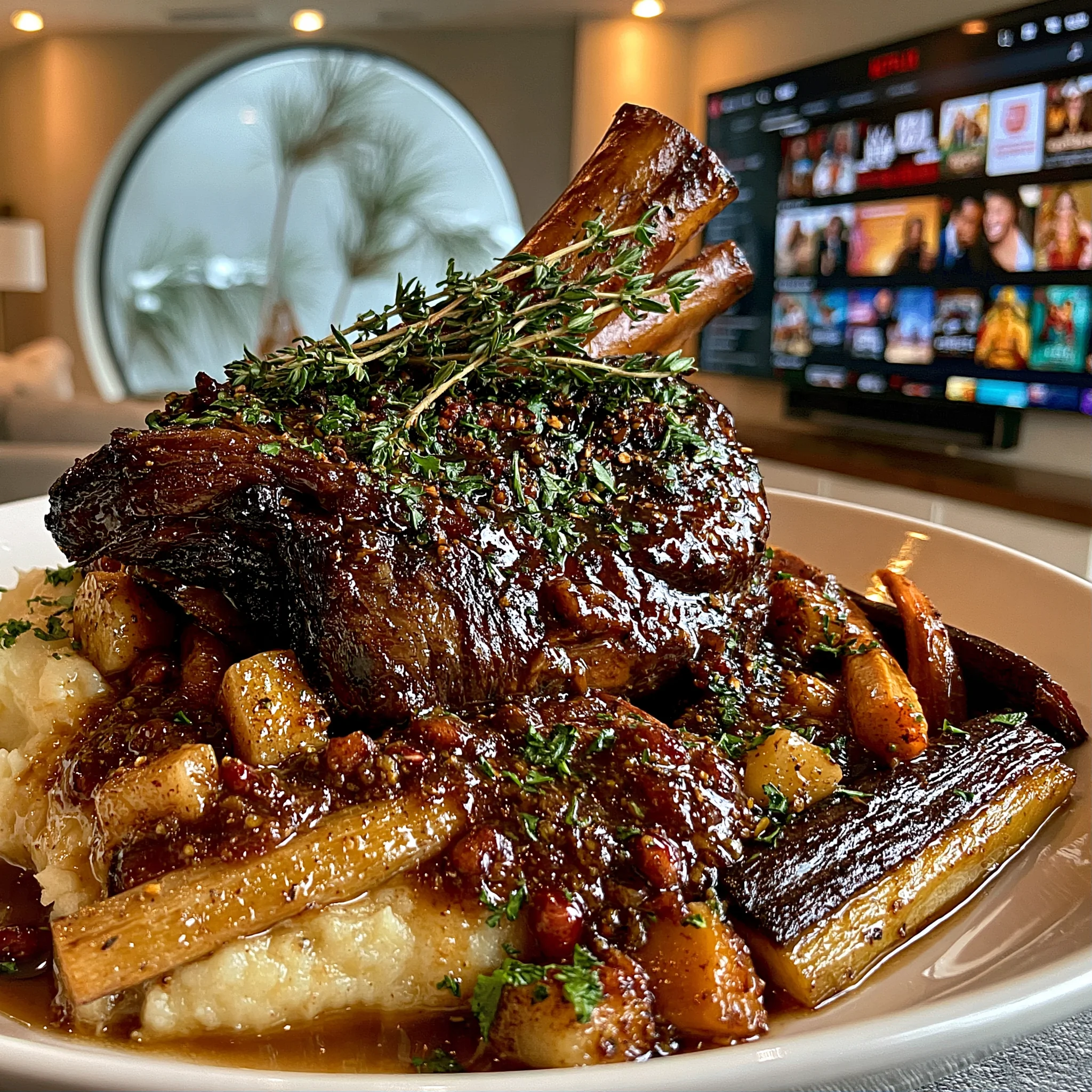 Pomegranate-Balsamic Glazed Garlic and Thyme Braised Lamb Shanks with Rich Root Vegetable Gravy