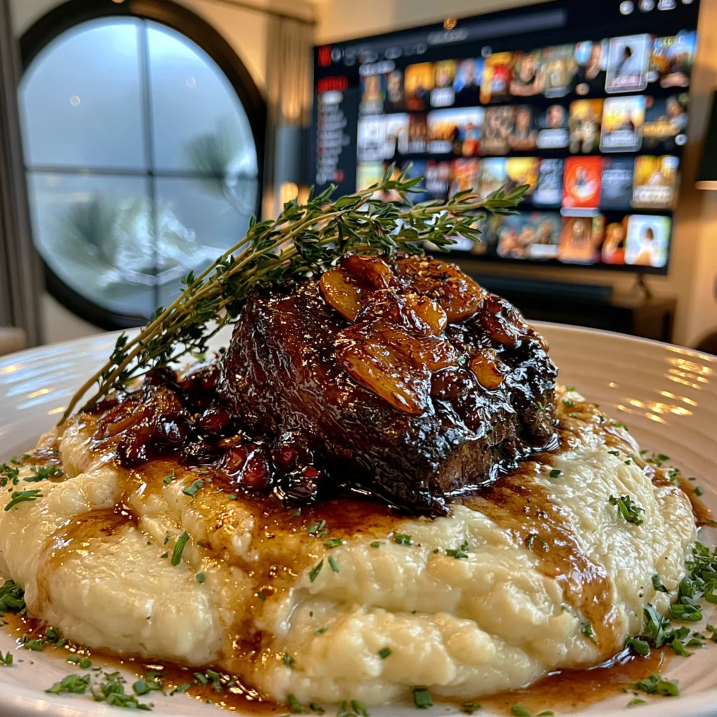 Pomegranate-Balsamic Glazed Garlic and Wild Thyme-Braised Beef Cheek with Velvety Root Vegetable Gravy