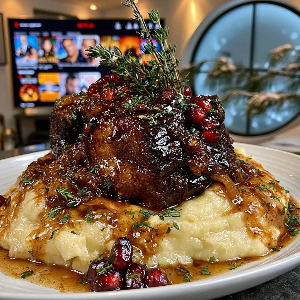 Pomegranate-Balsamic Glazed Garlic and Wild Thyme-Braised Lamb Shoulder with Velvety Pan Gravy