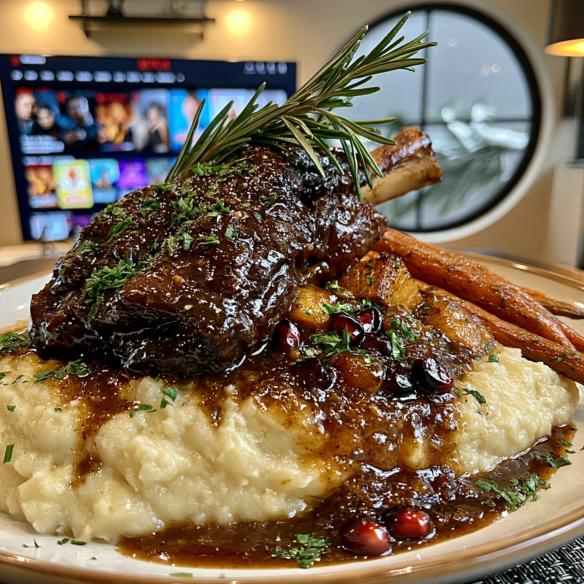 Pomegranate-Balsamic Glazed Rosemary and Garlic Braised Lamb Shanks with Rich Root Vegetable Gravy
