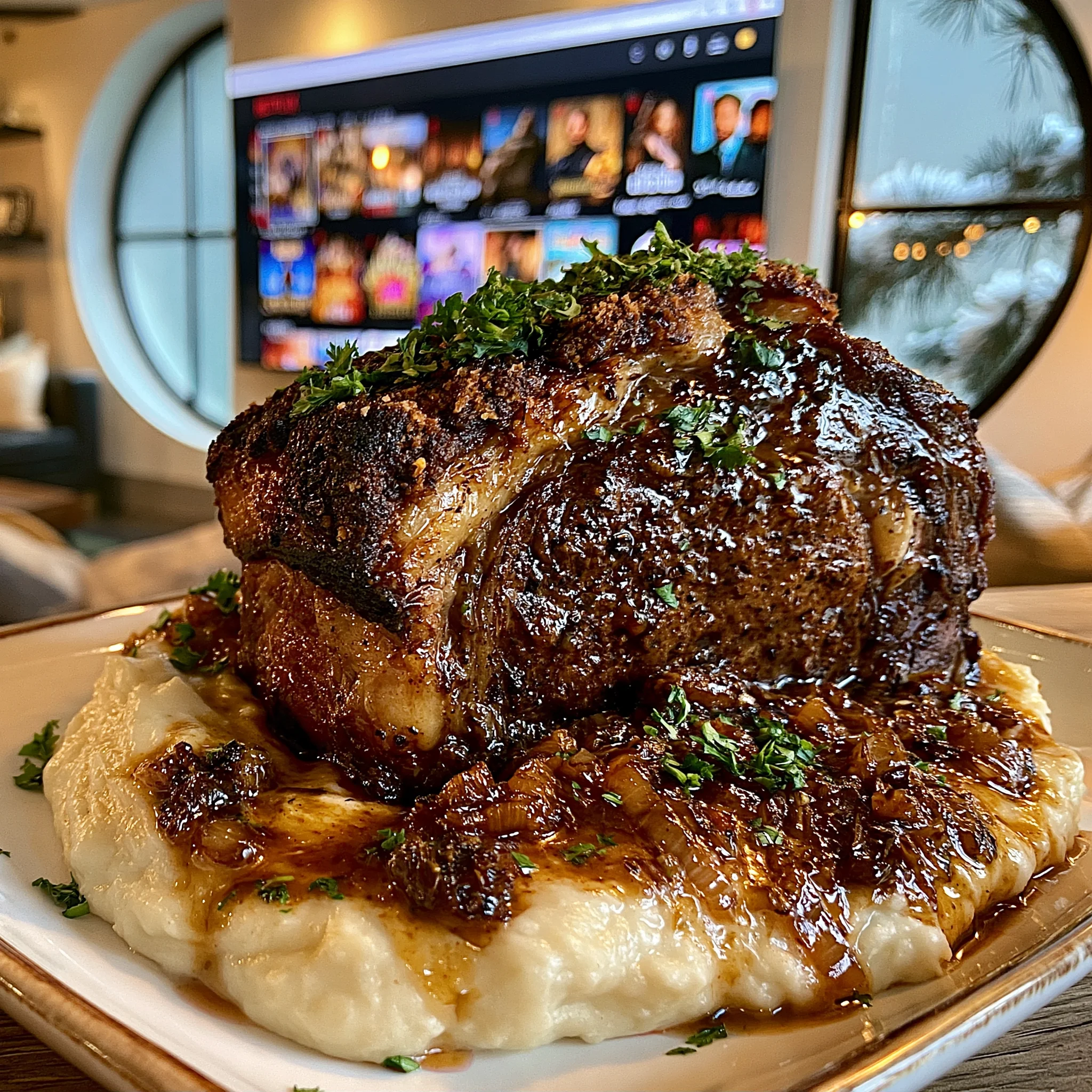 Roasted Garlic Confit and Cracked Cardamom-Crusted Prime Rib with Smoked Leek Compound Butter