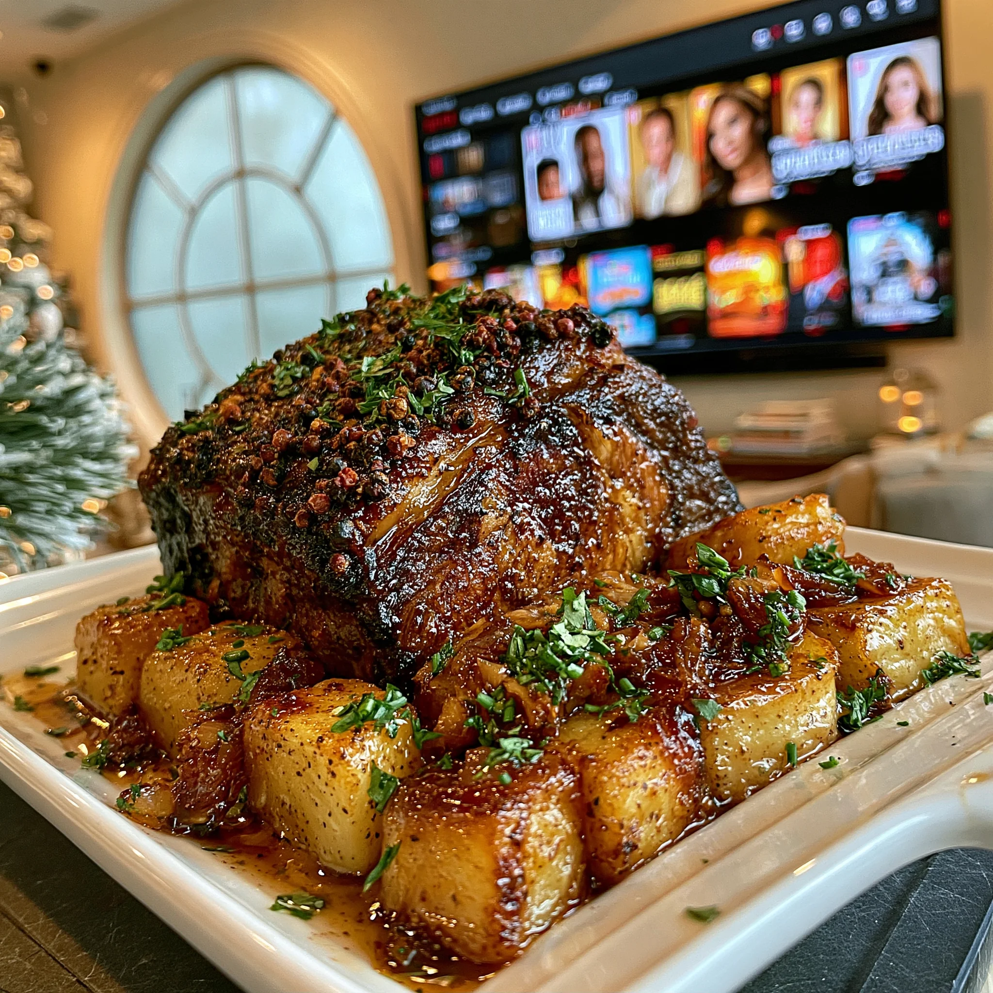 Roasted Garlic Confit and Cracked Pink Peppercorn-Crusted Prime Rib with Tarragon Chive Butter