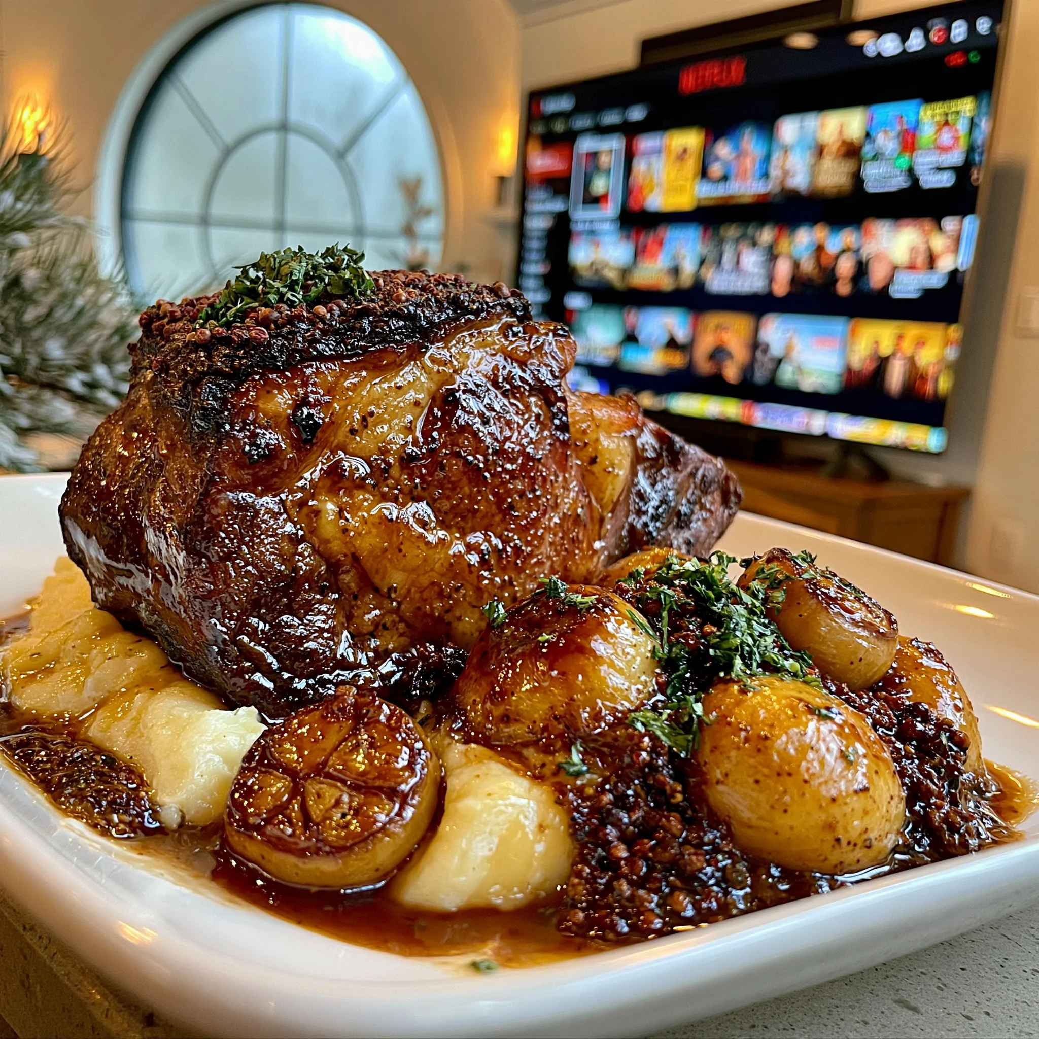 Roasted Garlic Confit and Pink Peppercorn-Crusted Prime Rib with Smoked Leek Compound Butter