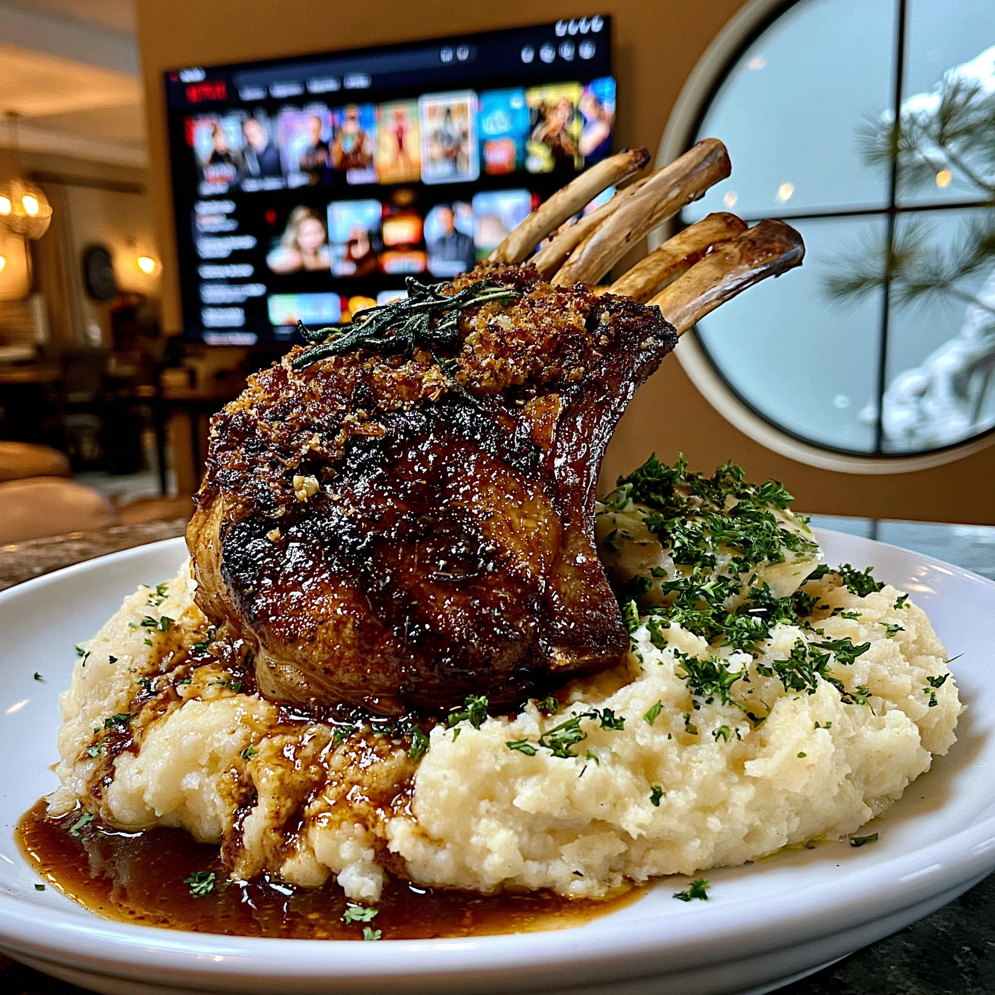 Roasted Garlic Confit and Sage-Crusted Lamb Rack with Smoked Leek Compound Butter