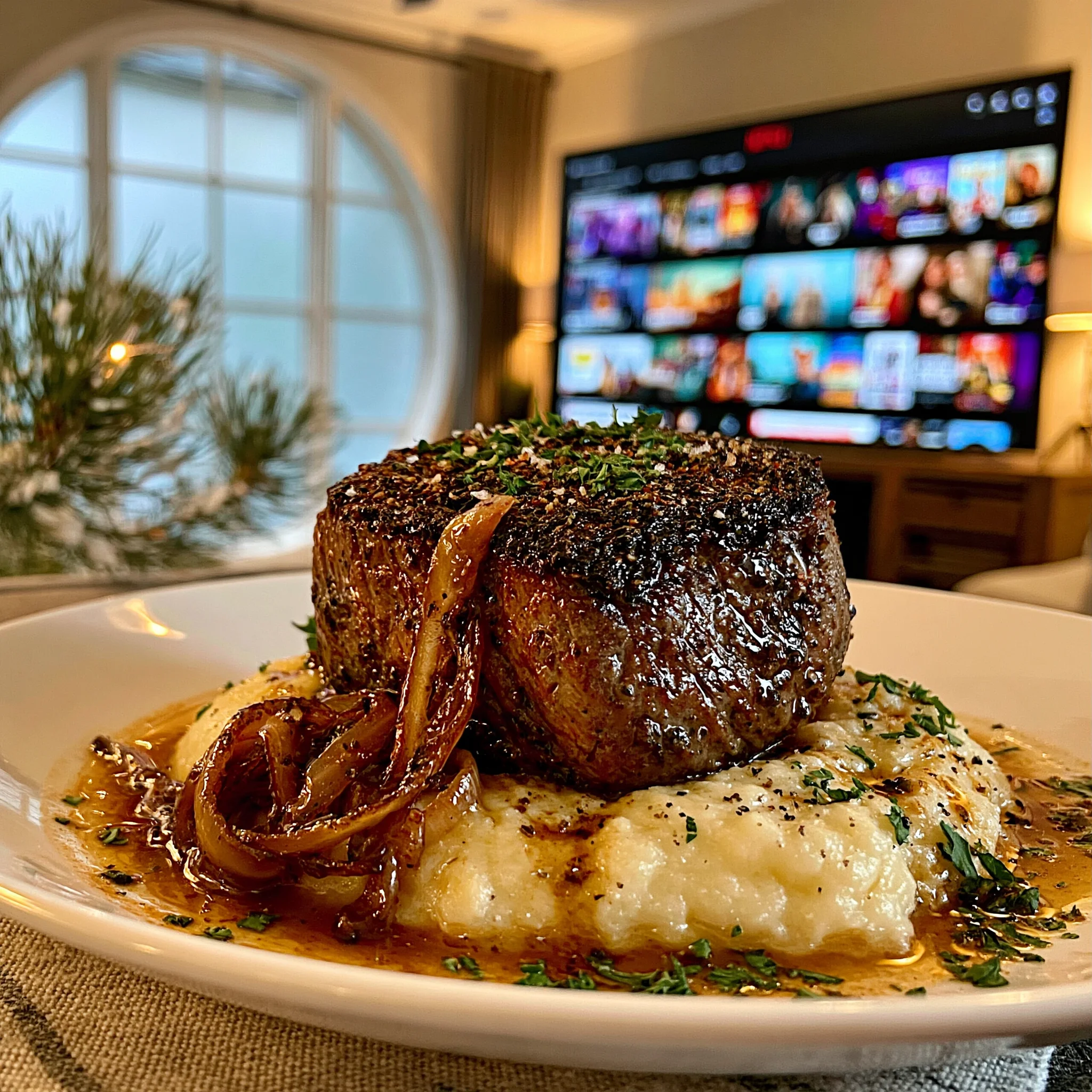 Roasted Shallot and Cracked Cardamom-Crusted Filet Mignon with Black Garlic Confit Butter