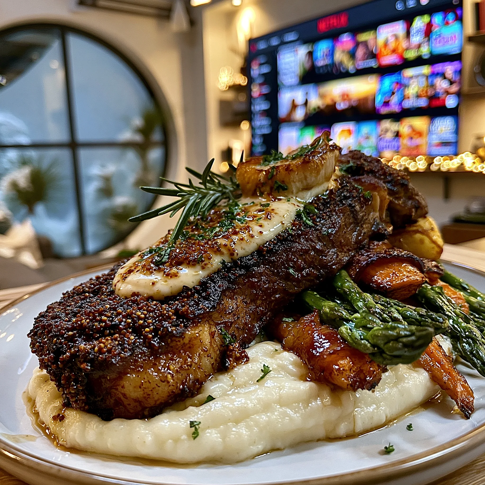 Smoked Chipotle and Toasted Mustard Seed-Crusted New York Strip with Fire-Roasted Garlic Butter