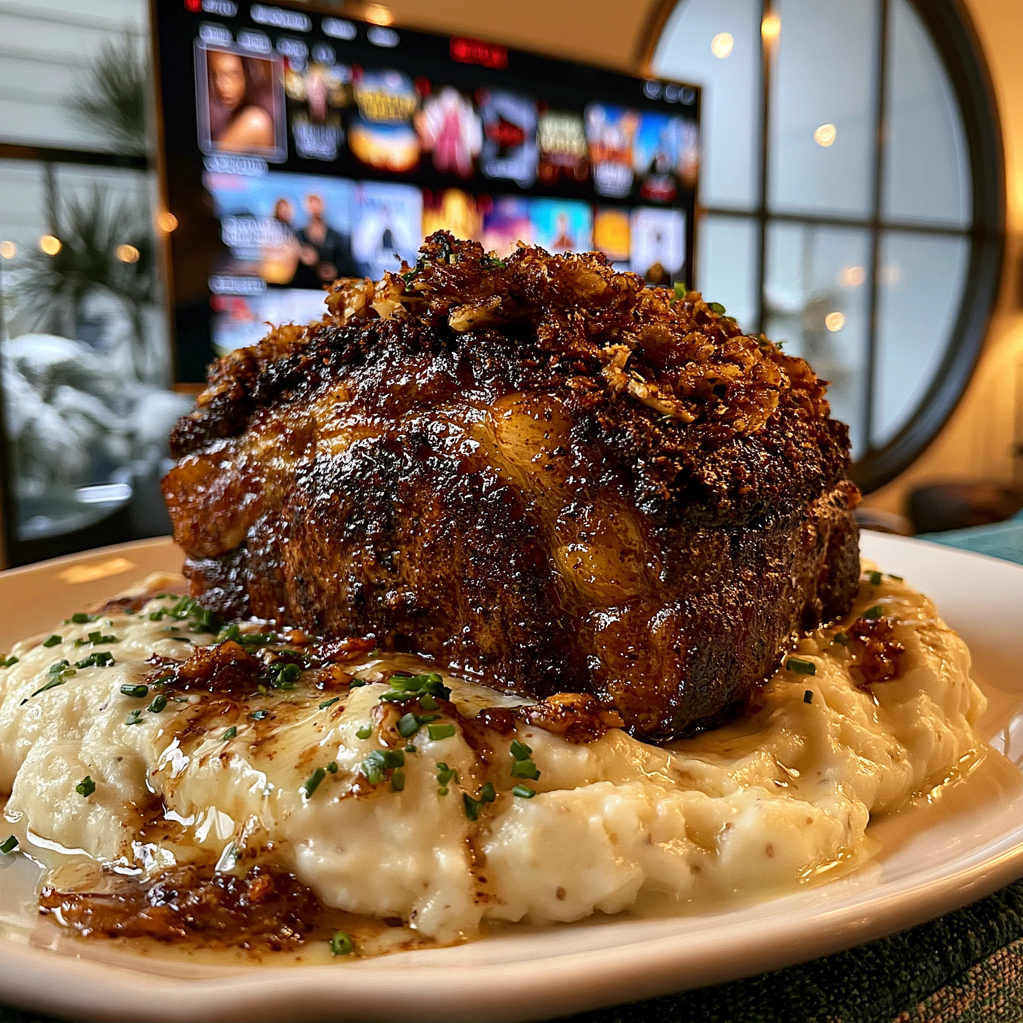 Smoked Garlic Confit and Cracked Cardamom-Crusted Prime Rib with Smoked Leek Compound Butter