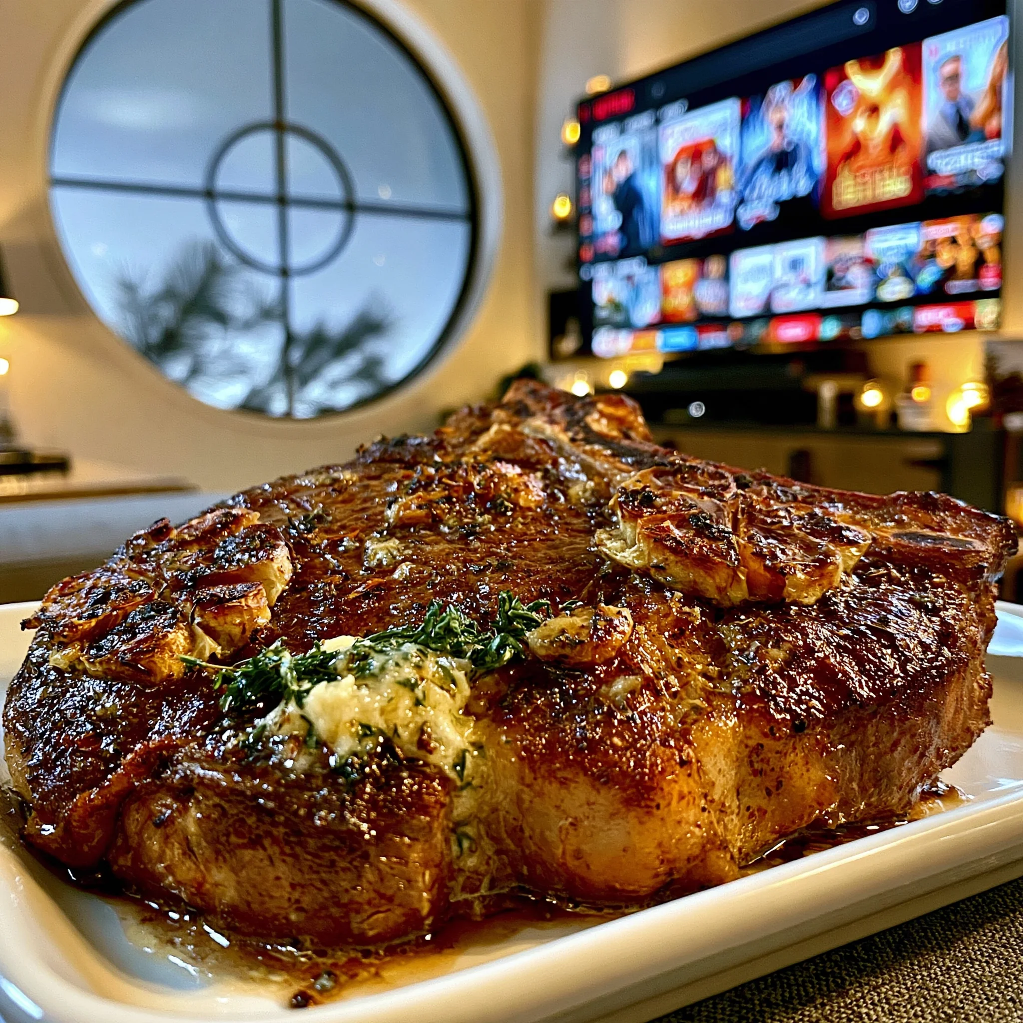 Smoked Garlic and Toasted Caraway-Crusted Ribeye with Tarragon Chive Butter