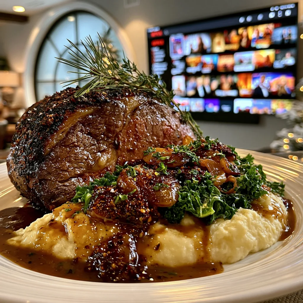 Smoked Guajillo Chili and Toasted Coriander-Crusted Prime Rib Roast with Caramelized Shallot Compound Butter