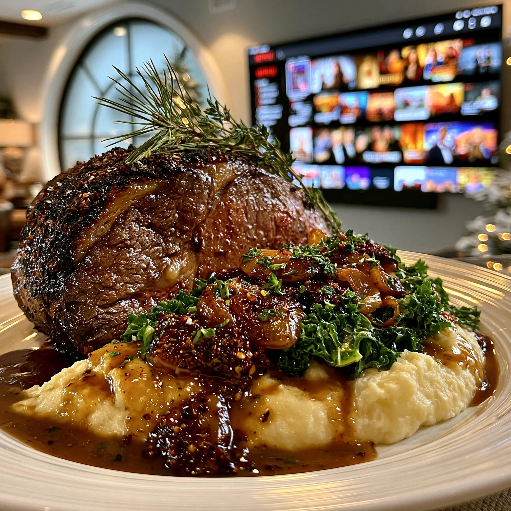 Smoked Guajillo Chili and Toasted Coriander-Crusted Prime Rib Roast with Caramelized Shallot Compound Butter