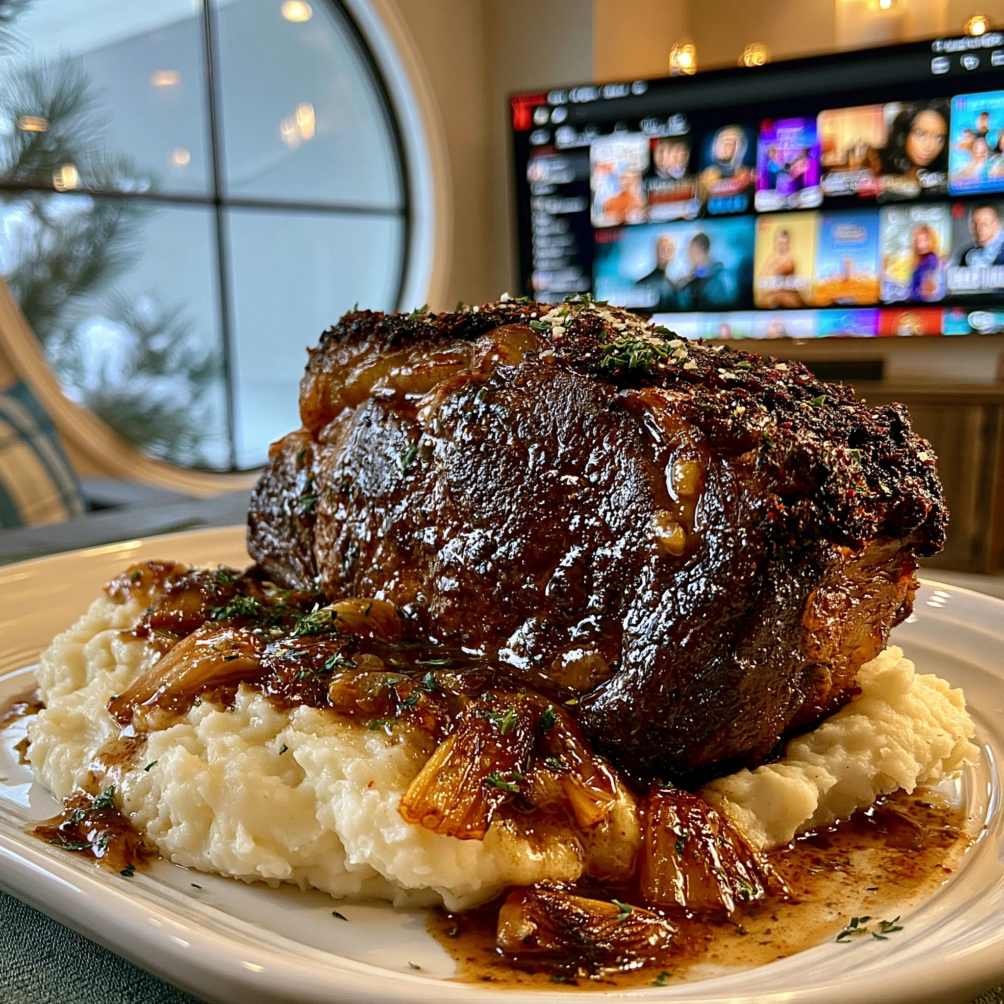 Smoked Guajillo Chili and Toasted Fennel-Crusted Prime Rib with Caramelized Garlic Compound Butter