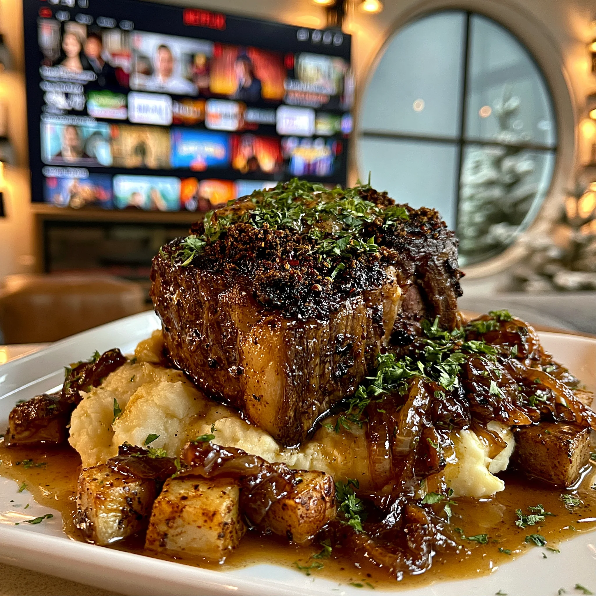 Smoked Pasilla Chili and Toasted Coriander-Crusted Prime Rib Roast with Caramelized Onion Compound Butter