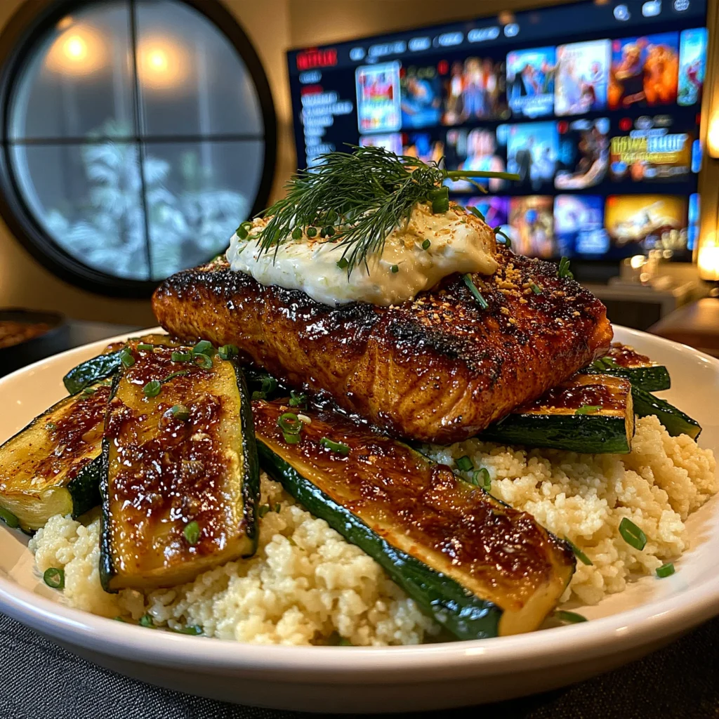 Smoky Harissa Glazed Salmon with Fluffy Couscous, Roasted Zucchini, and Tzatziki