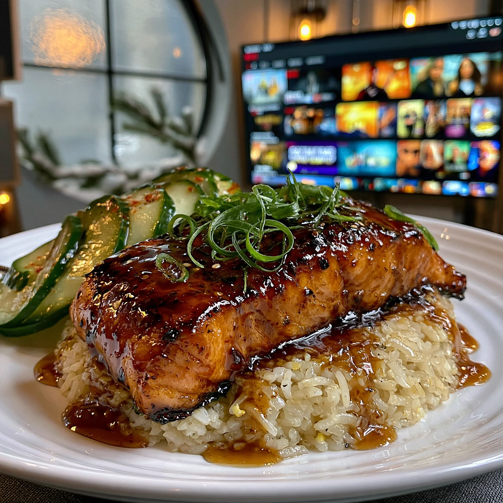 Sweet and Sticky Teriyaki Salmon over Garlic Fried Rice with Crisp Cucumber Salad