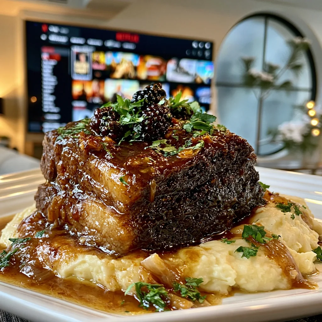 Tart Blackberry and Roasted Garlic-Glazed Braised Beef Brisket with Rich Bone Broth Gravy
