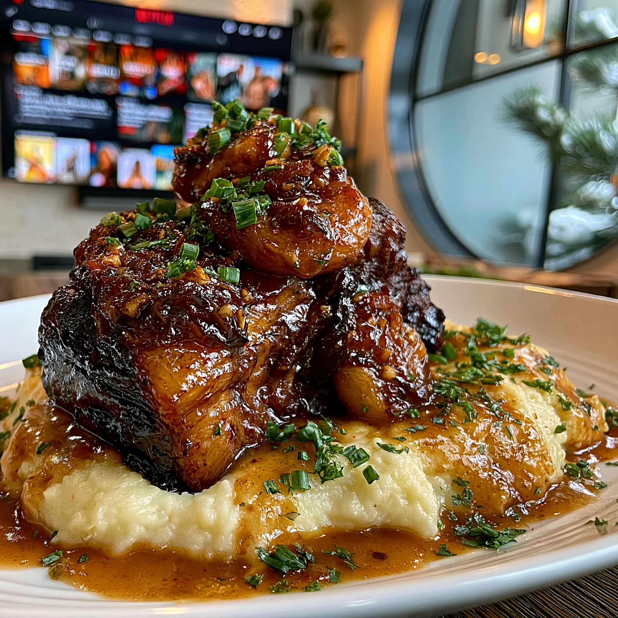 Tart Plum and Roasted Garlic-Glazed Braised Lamb Shoulder with Rich Root Vegetable Gravy