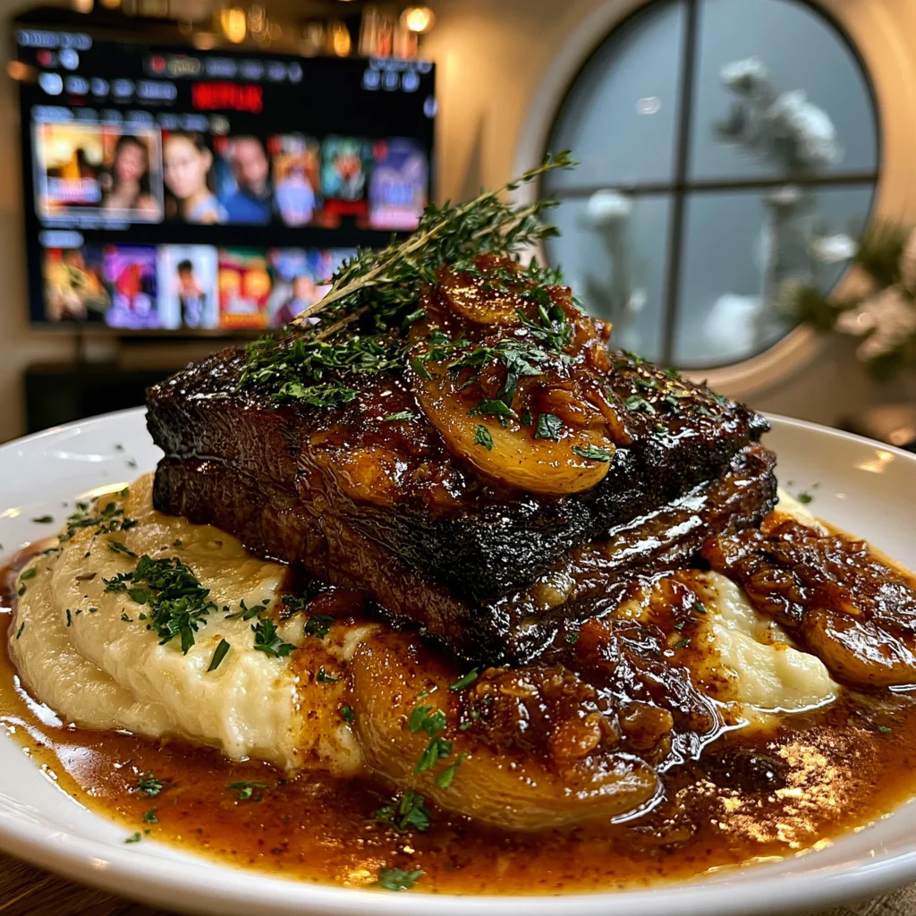Tart Quince and Roasted Garlic-Glazed Braised Beef Brisket with Rich Bone Broth Gravy