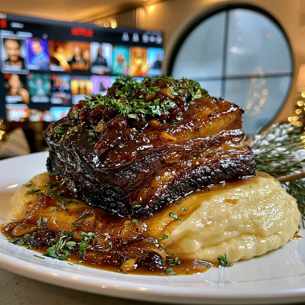 Tart Red Currant and Roasted Garlic-Glazed Braised Beef Brisket with Velvety Herb Pan Gravy