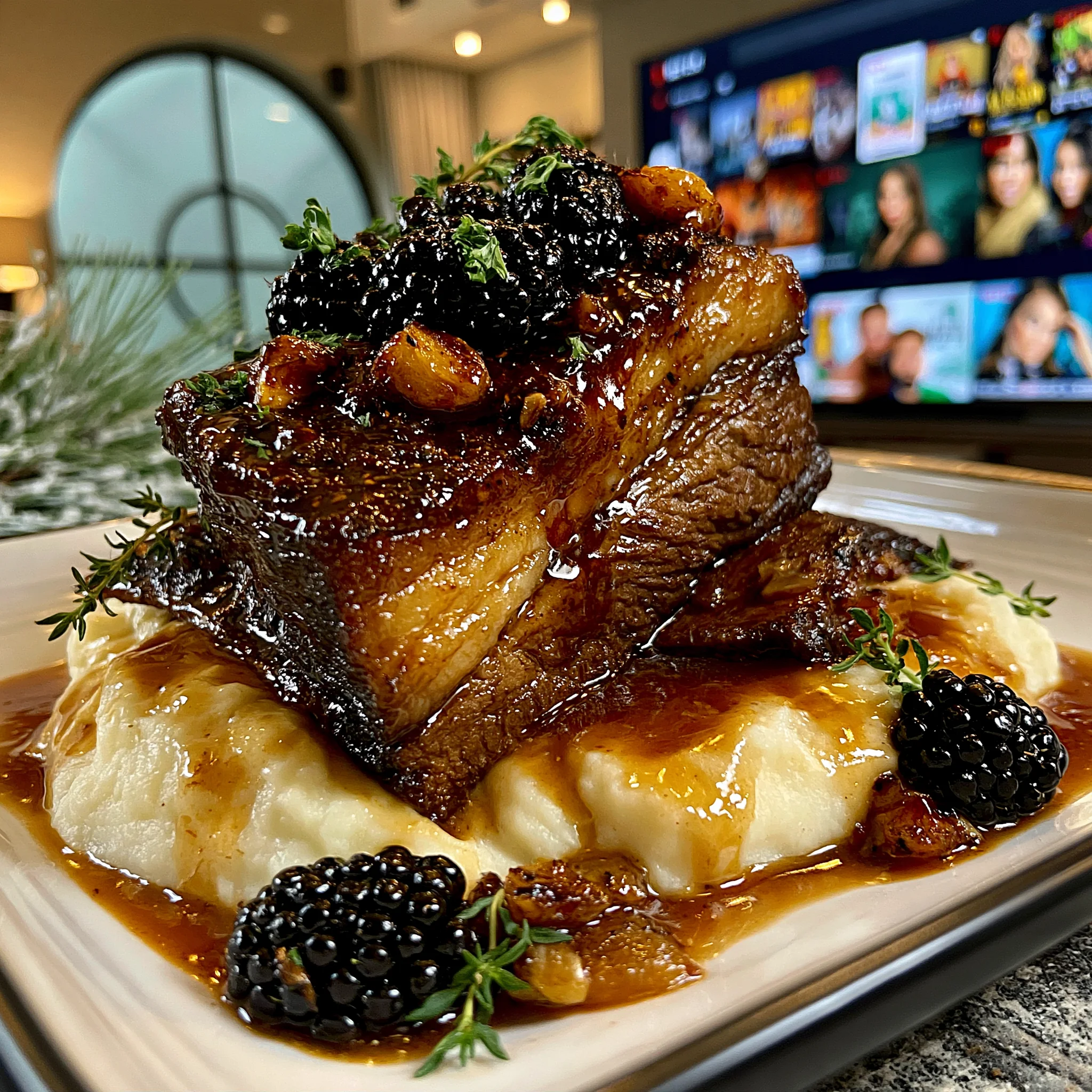 Tart Wild Blackberry and Roasted Garlic-Glazed Braised Beef Brisket with Velvety Bone Broth Gravy