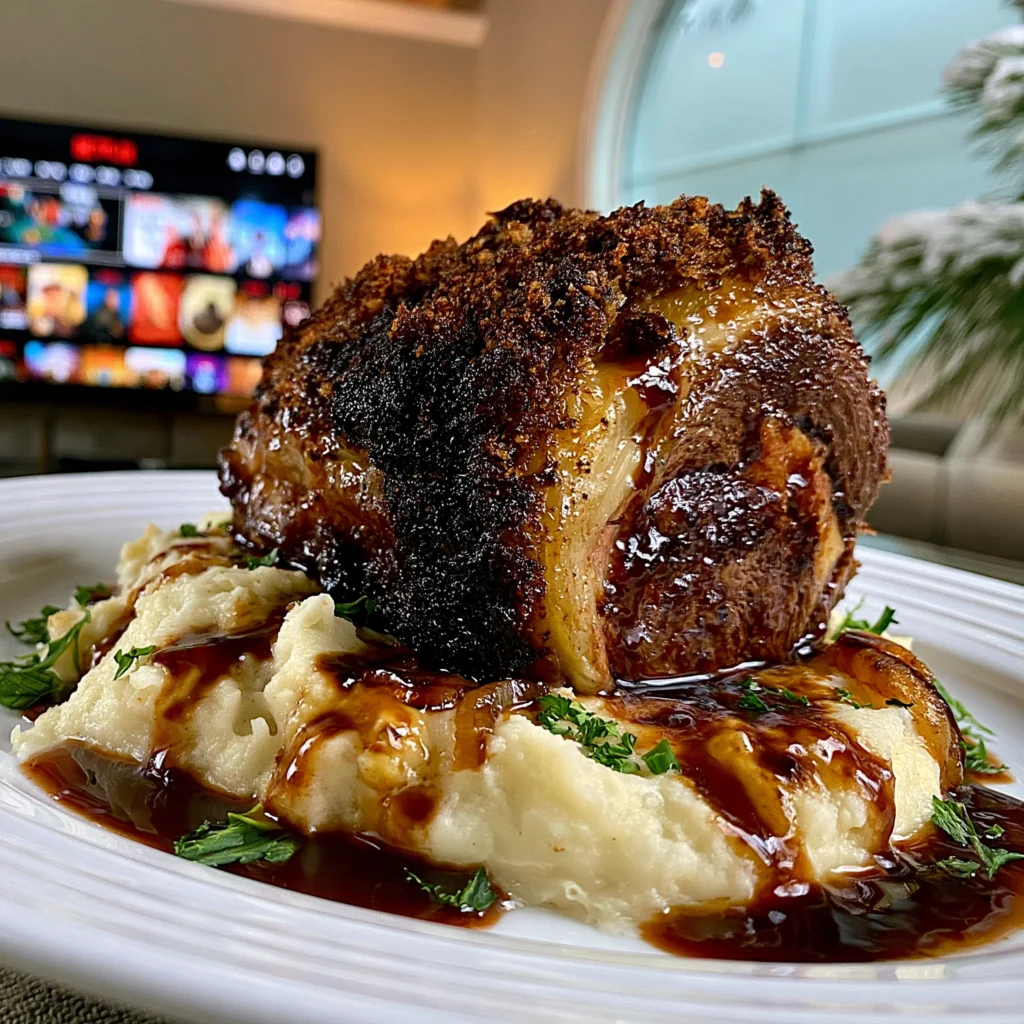 Toasted Allspice and Charred Leek-Crusted Prime Rib with Caramelized Shallot Compound Butter