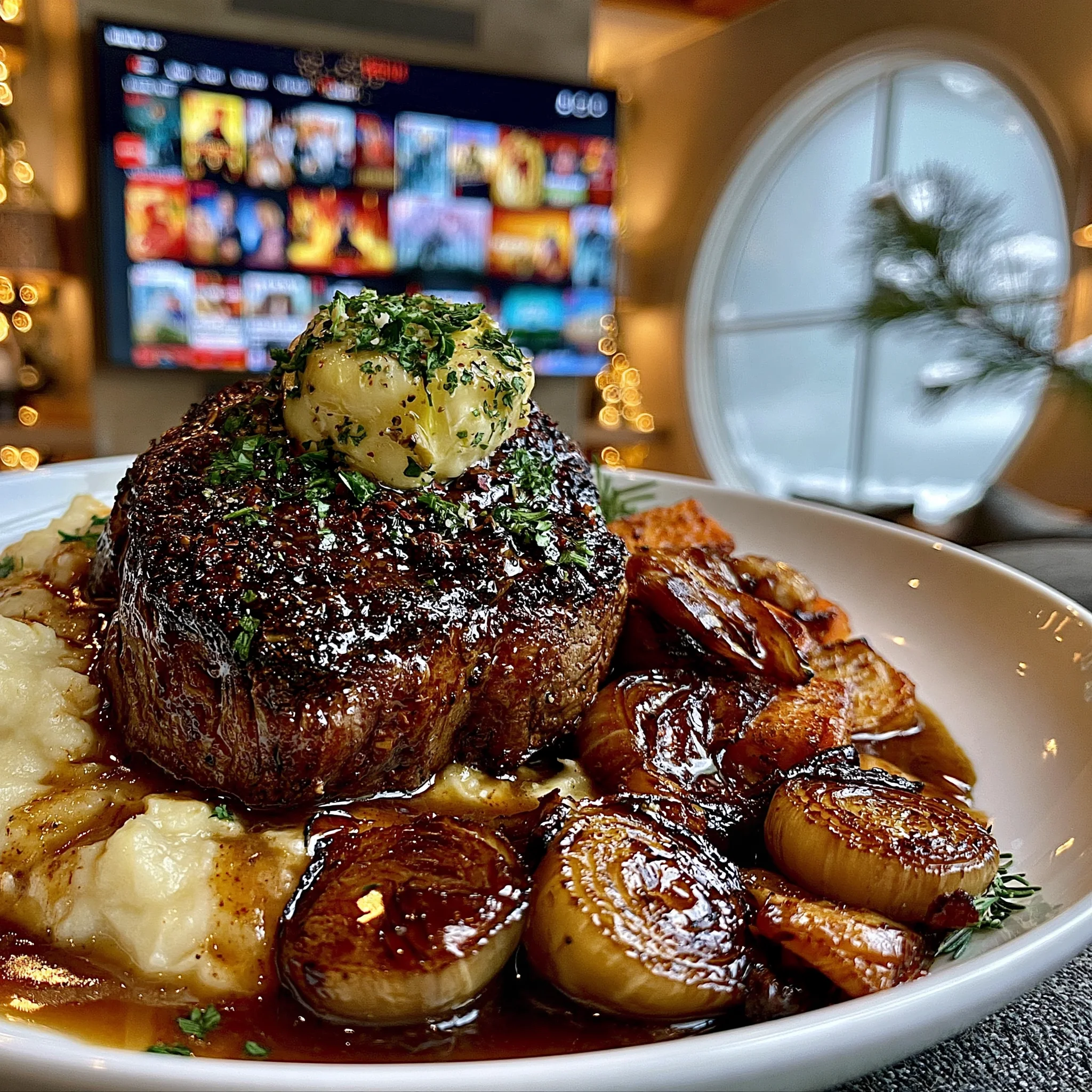 Toasted Coriander and Charred Shallot-Crusted Filet Mignon with Roasted Leek Compound Butter