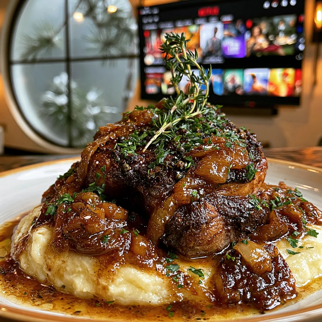 Toasted Coriander and Cracked Green Peppercorn-Crusted Lamb Shoulder with Caramelized Onion Confit Butter