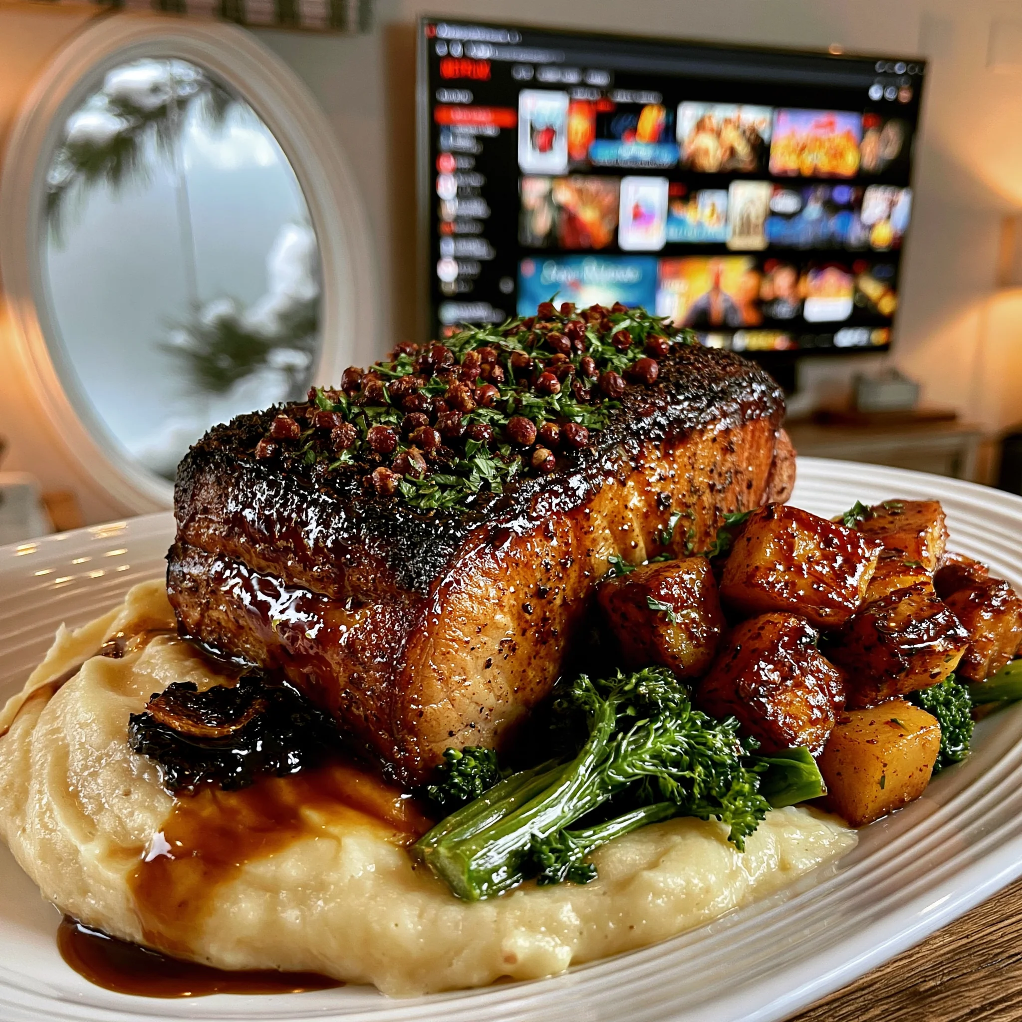 Toasted Cumin and Cracked Pink Peppercorn-Crusted Veal Loin Roast with Black Garlic Confit Butter