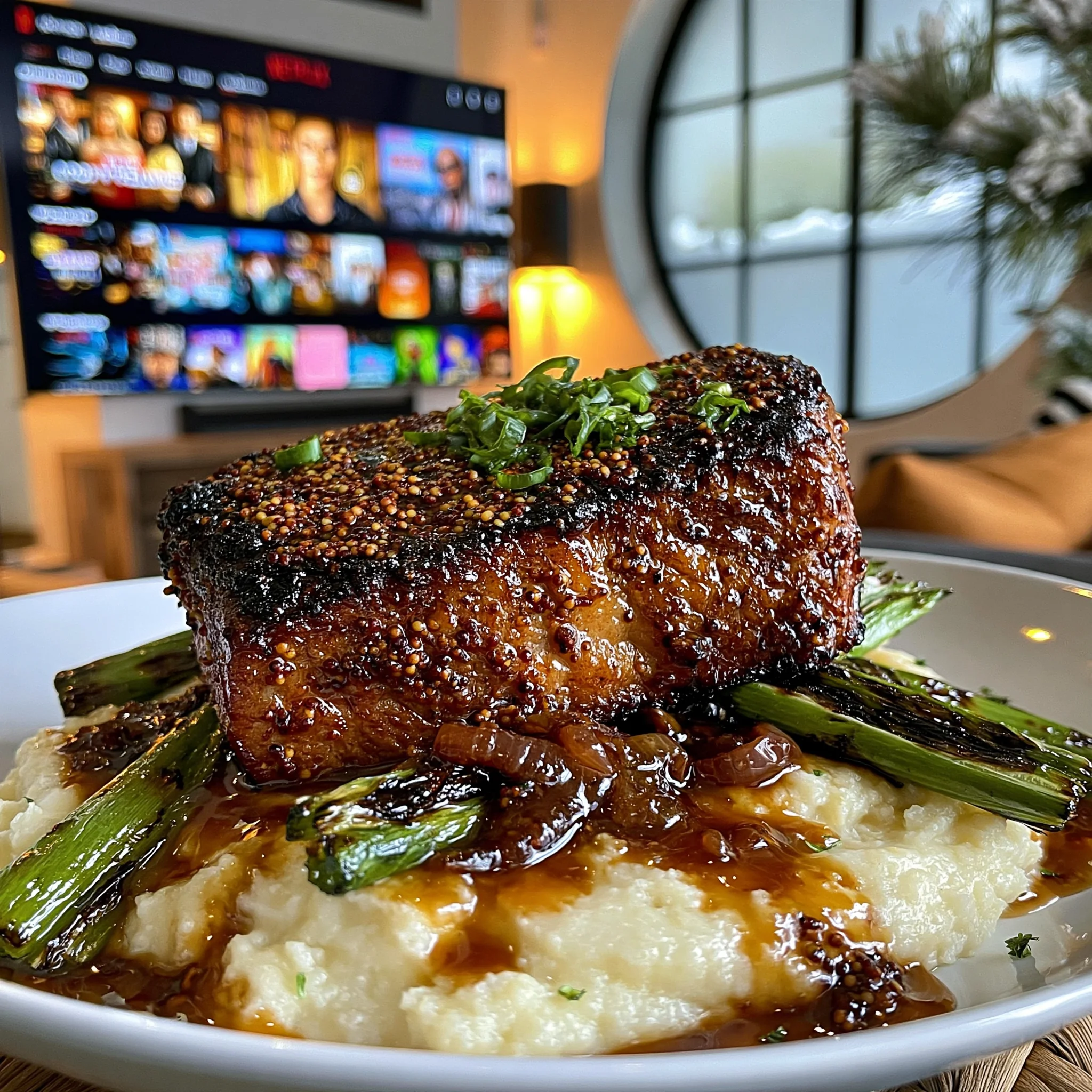 Toasted Mustard Seed and Charred Green Onion-Crusted New York Strip with Browned Shallot Butter