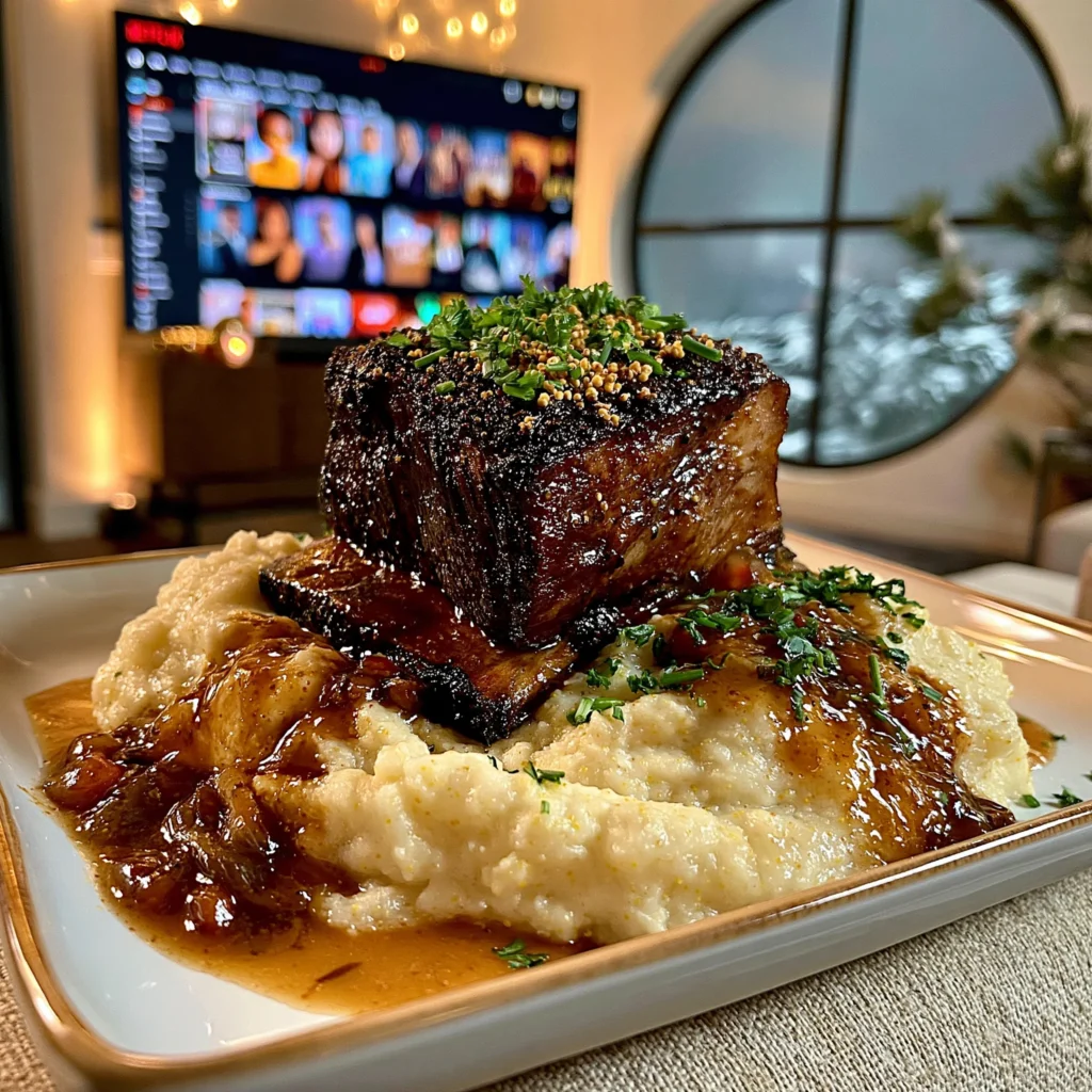 Toasted Mustard Seed and Cracked Black Pepper-Crusted Beef Short Ribs with Pomegranate-Balsamic Pan Gravy