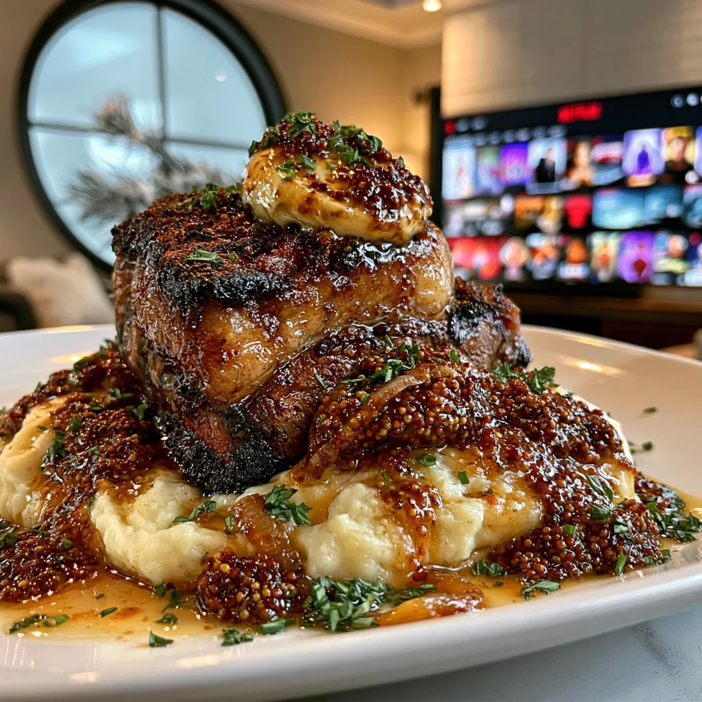 Toasted Mustard Seed and Garlic-Crusted Ribeye with Smoked Leek Compound Butter
