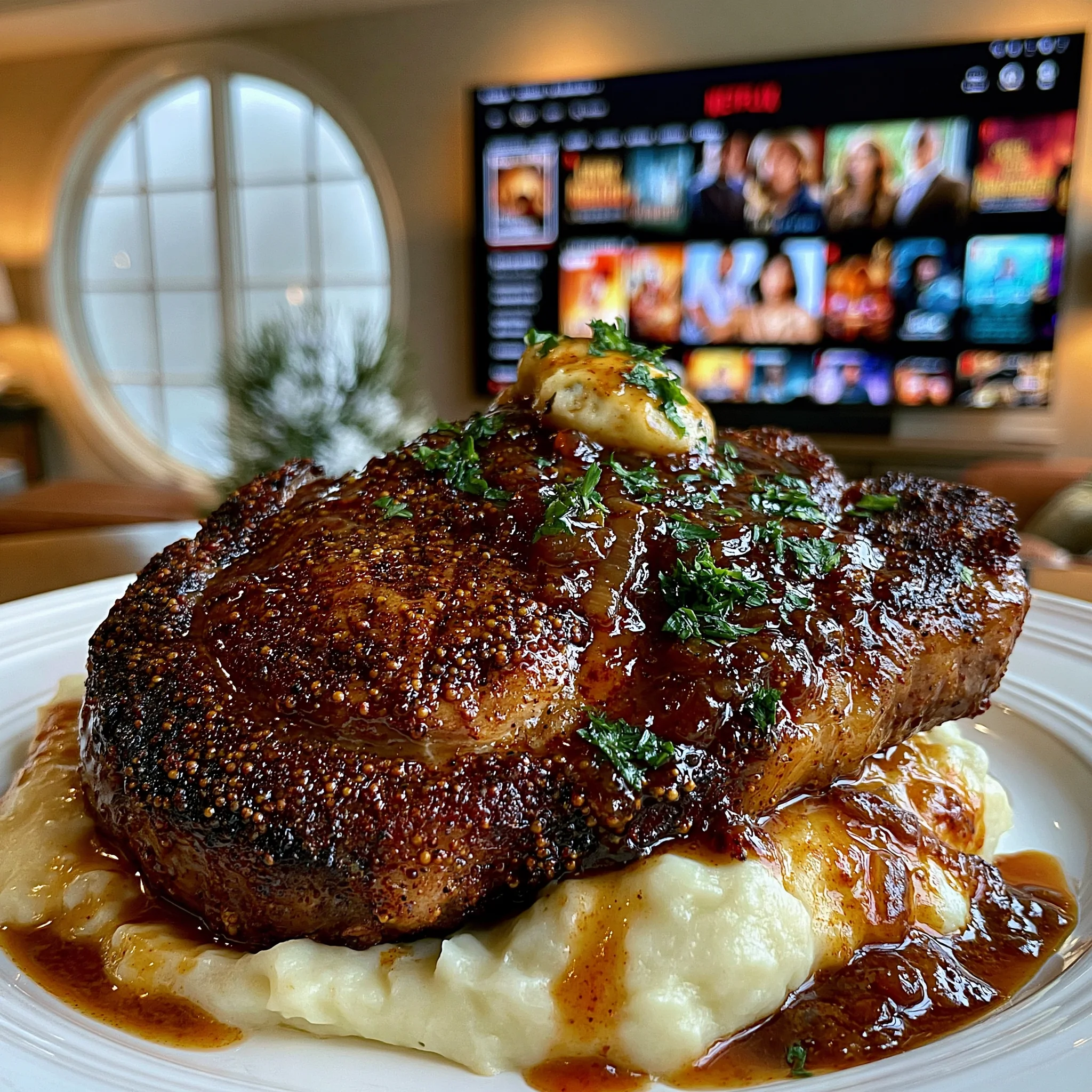 Toasted Mustard Seed and Smoked Paprika-Crusted New York Strip with Smoked Leek Compound Butter