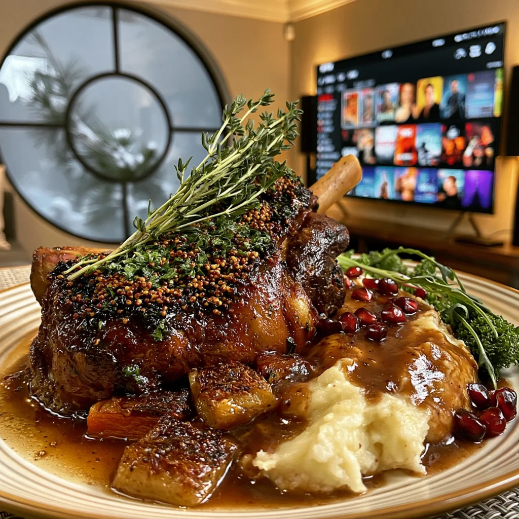 Toasted Mustard Seed and Wild Herb-Crusted Lamb Shanks with Pomegranate-Balsamic Pan Gra