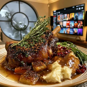 Toasted Mustard Seed and Wild Herb-Crusted Lamb Shanks with Pomegranate-Balsamic Pan Gra