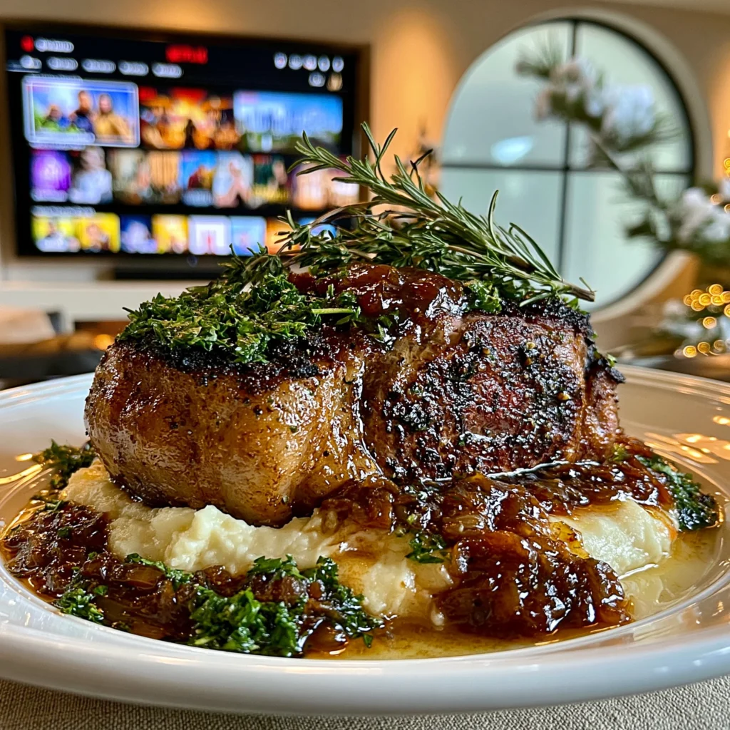 Wild Herb and Smoked Garlic-Crusted Ribeye with Caramelized Shallot Confit Butter
