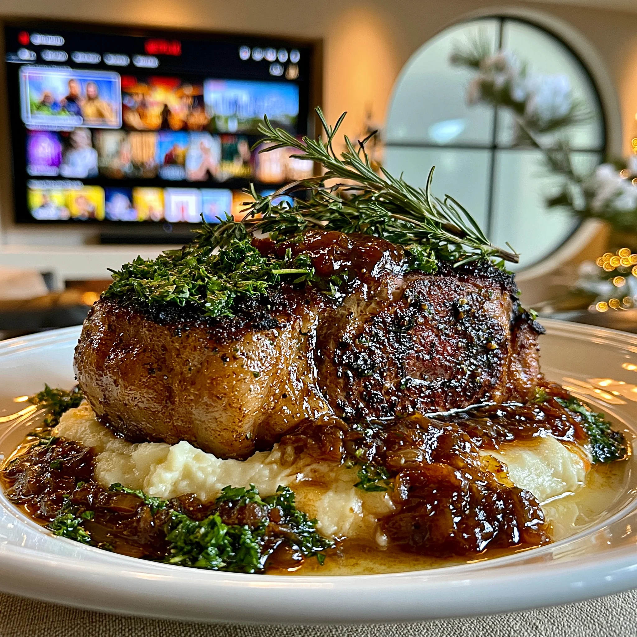 Wild Herb and Smoked Garlic-Crusted Ribeye with Caramelized Shallot Confit Butter
