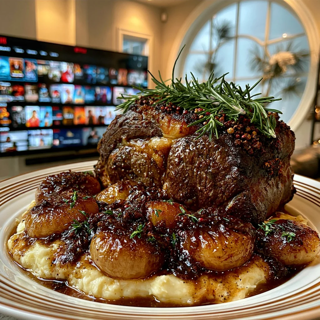 Wild Sage and Pink Peppercorn-Crusted Prime Rib with Caramelized Shallot Confit Butter