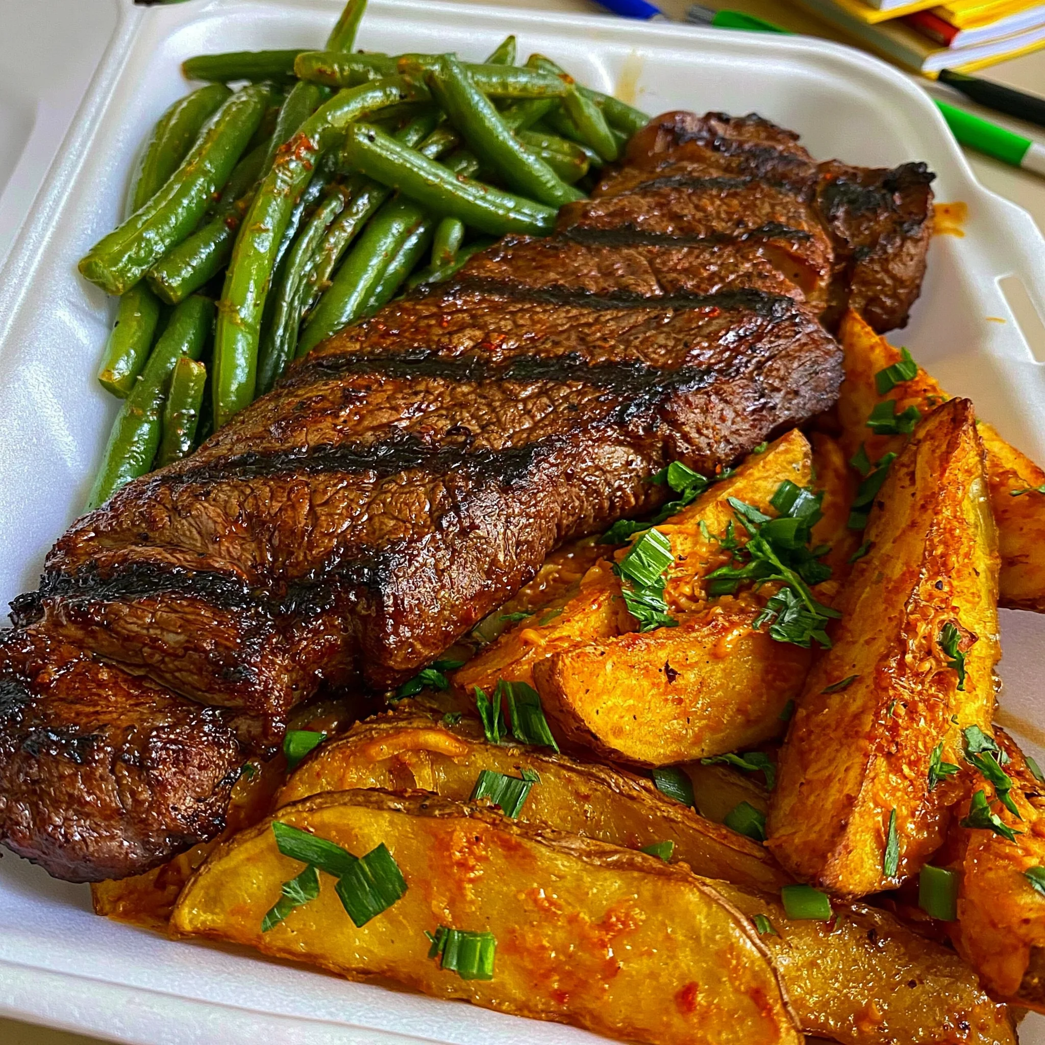 Charbroiled New York Strip Steak with Parmesan Roasted Wedges & Sautéed Green Beans