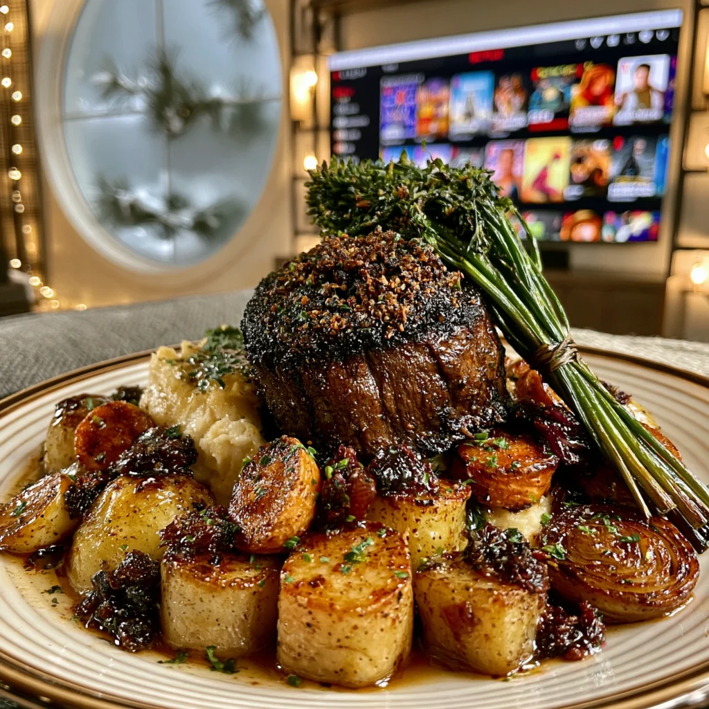 Charred Garlic Chive and Cracked Allspice-Crusted Bison Tenderloin with Fire-Roasted Herb Butter