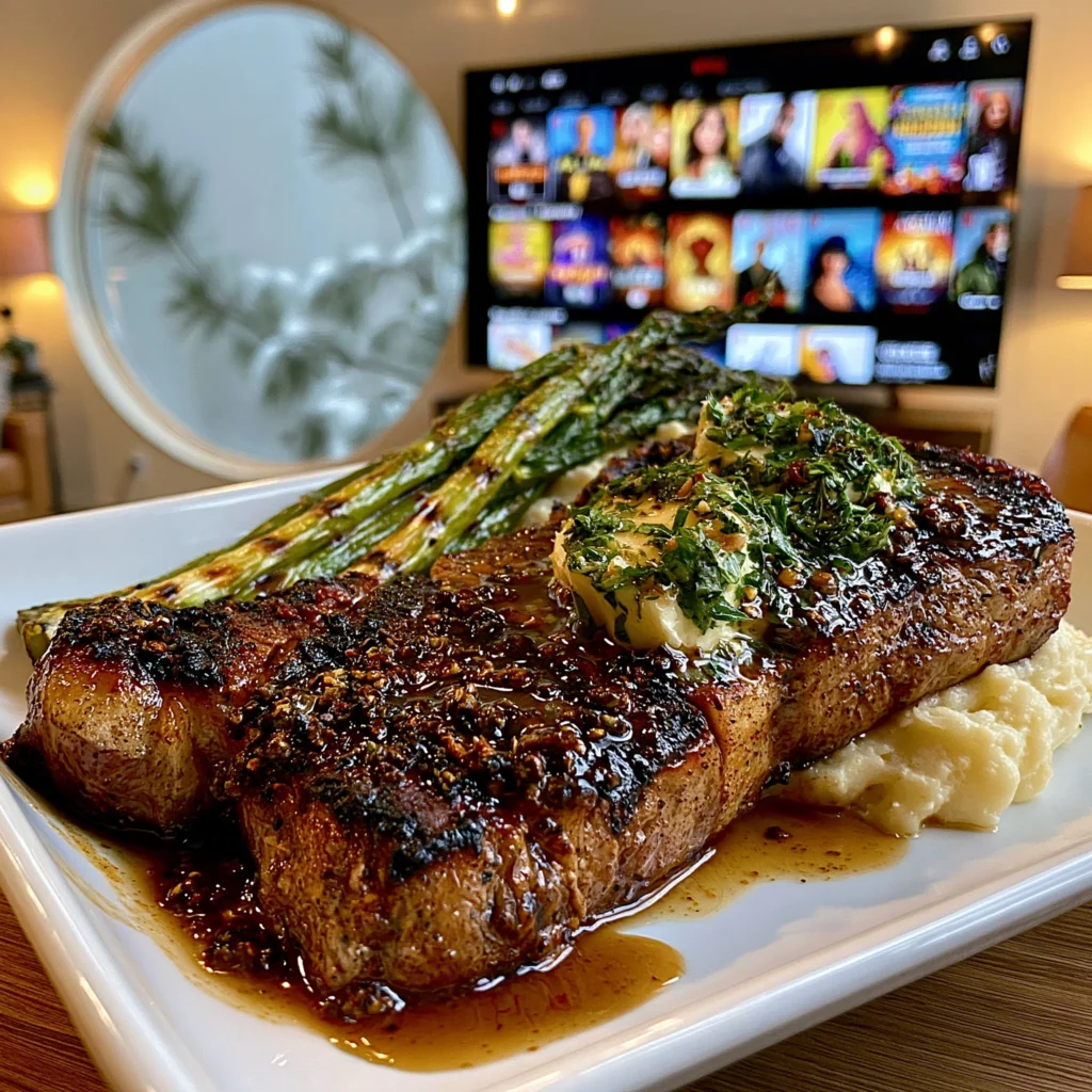 Charred Garlic Chive and Cracked Sichuan Peppercorn-Crusted New York Strip with Herb-Infused Compound Butter