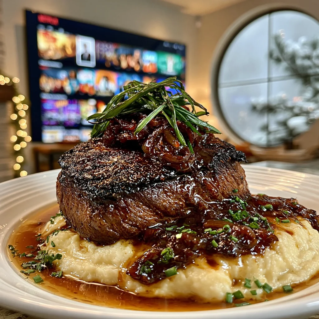 Charred Green Onion and Smoked Star Anise-Crusted Sirloin with Caramelized Shallot Butter