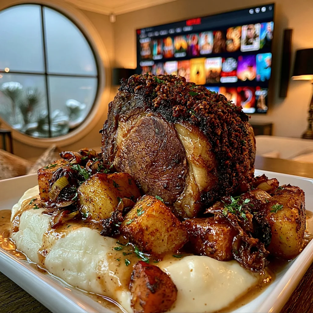 Charred Leek and Cracked Allspice-Crusted Prime Rib with a Velvety Roasted Garlic Gravy
