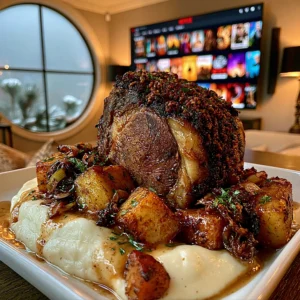 Charred Leek and Cracked Allspice-Crusted Prime Rib with a Velvety Roasted Garlic Gravy