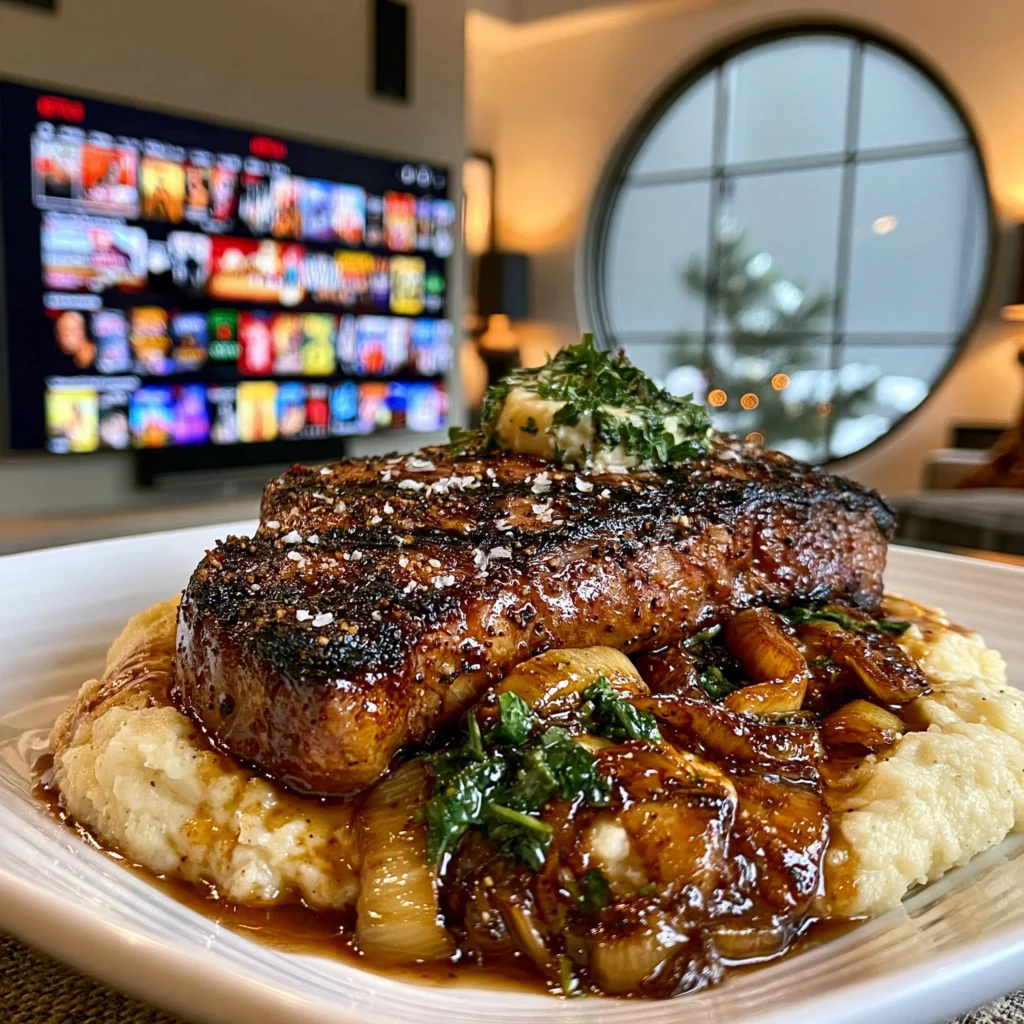 Charred Leek and Cracked Pepper-Crusted New York Strip with Smoked Herb Butter