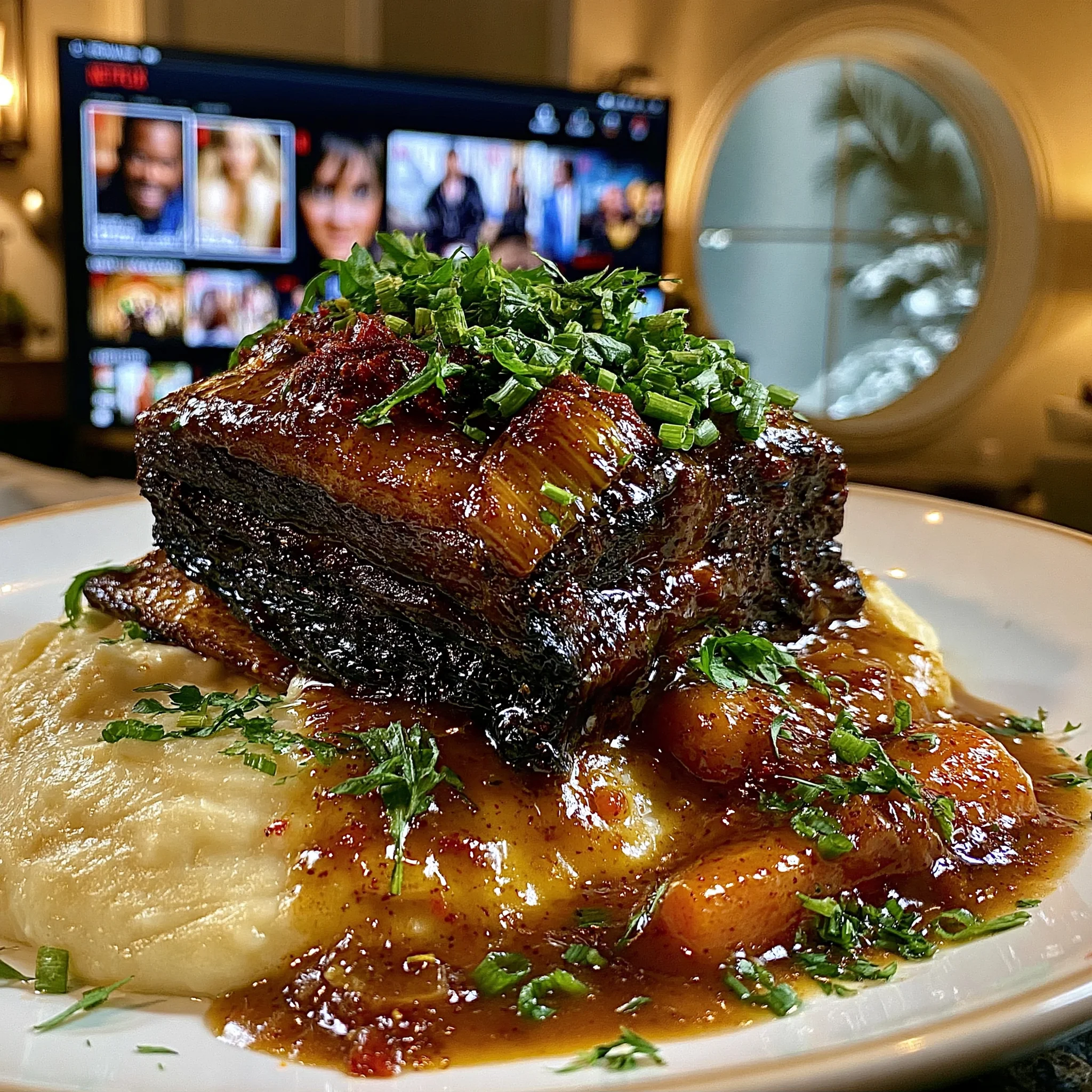 Charred Leek and Smoked Paprika Braised Short Ribs with a Rich Root Vegetable Gravy